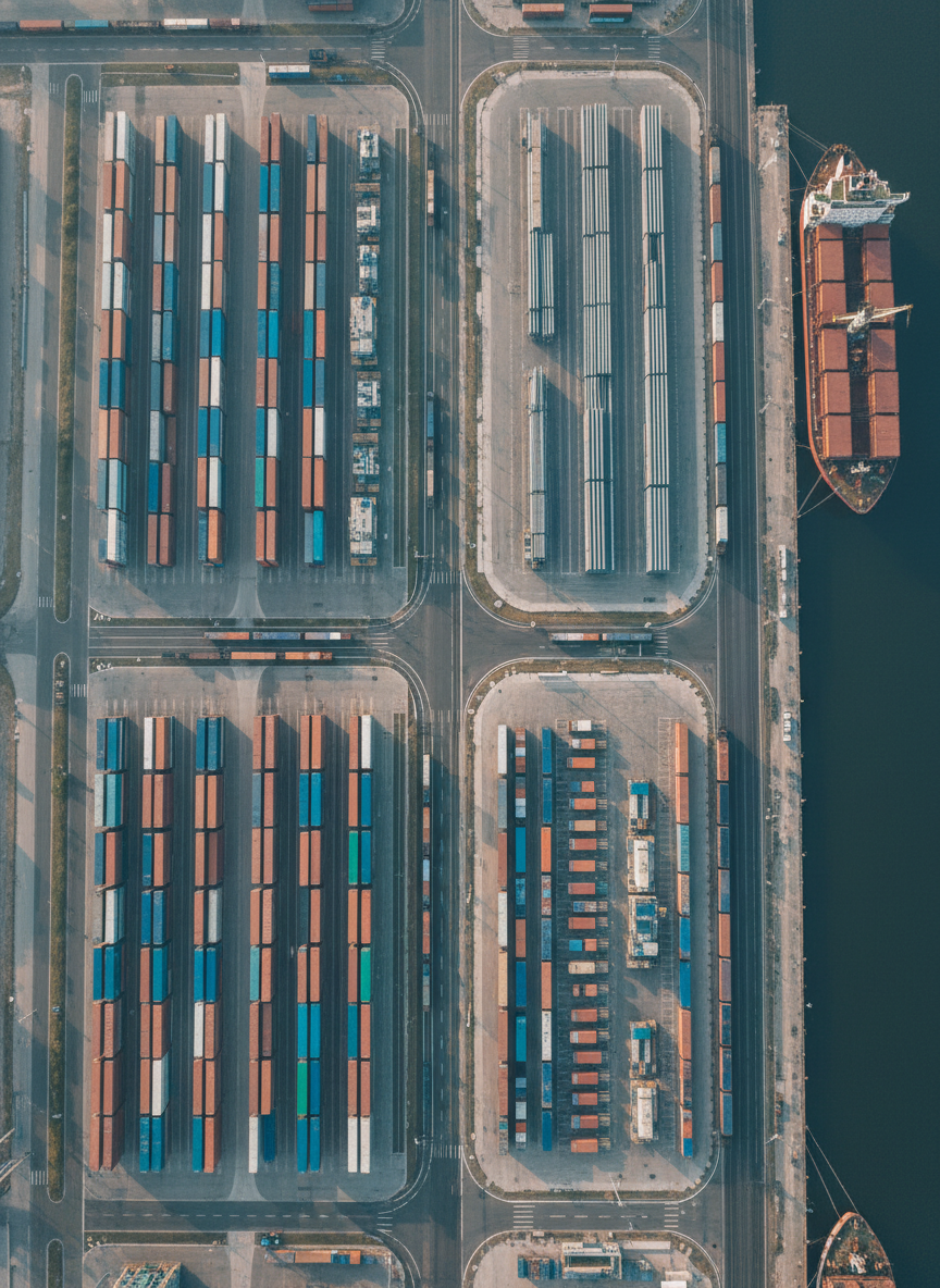 An expansive aerial photographic view of a cross-continental oil and gas logistics hub, with a neat grid of shipping containers, pipe storage yards, and modular equipment skids arranged in precise rows. Some containers feature color accents hinting at international operations between West Africa and Europe, without explicit flags or logos. Concrete loading bays, rail lines, and service roads intersect cleanly. Soft, slightly hazy midday sunlight creates gentle shadows that define structure without harsh contrast. The composition uses a bird’s eye perspective with strong leading lines guiding the eye through the facility, conveying scale, organization, and reliability. The overall mood is controlled and strategic, illustrating robust procurement and supply chain capabilities in photographic realism.